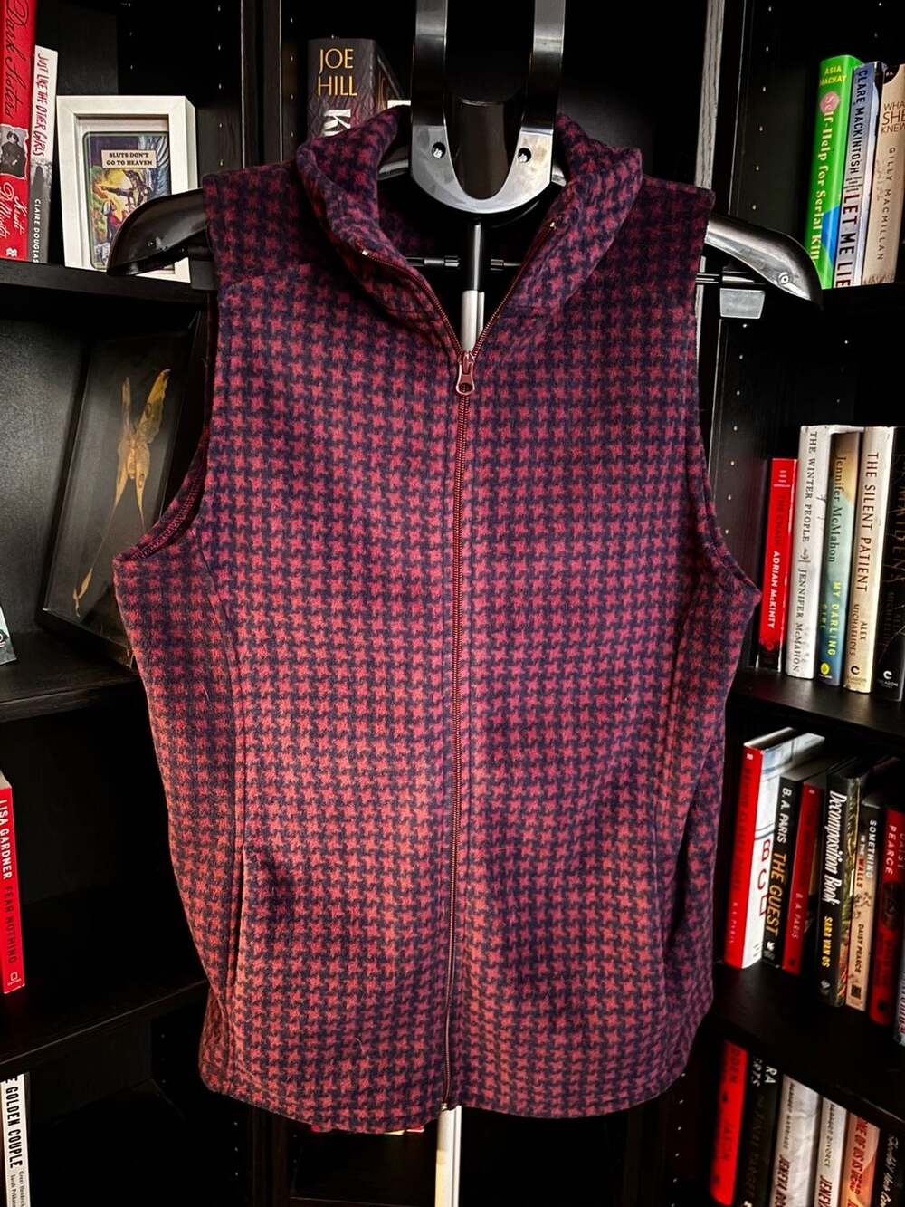 Dip Fleece Vest Size L Red Black Houndstooth Full Zip Sleeveless Jacket